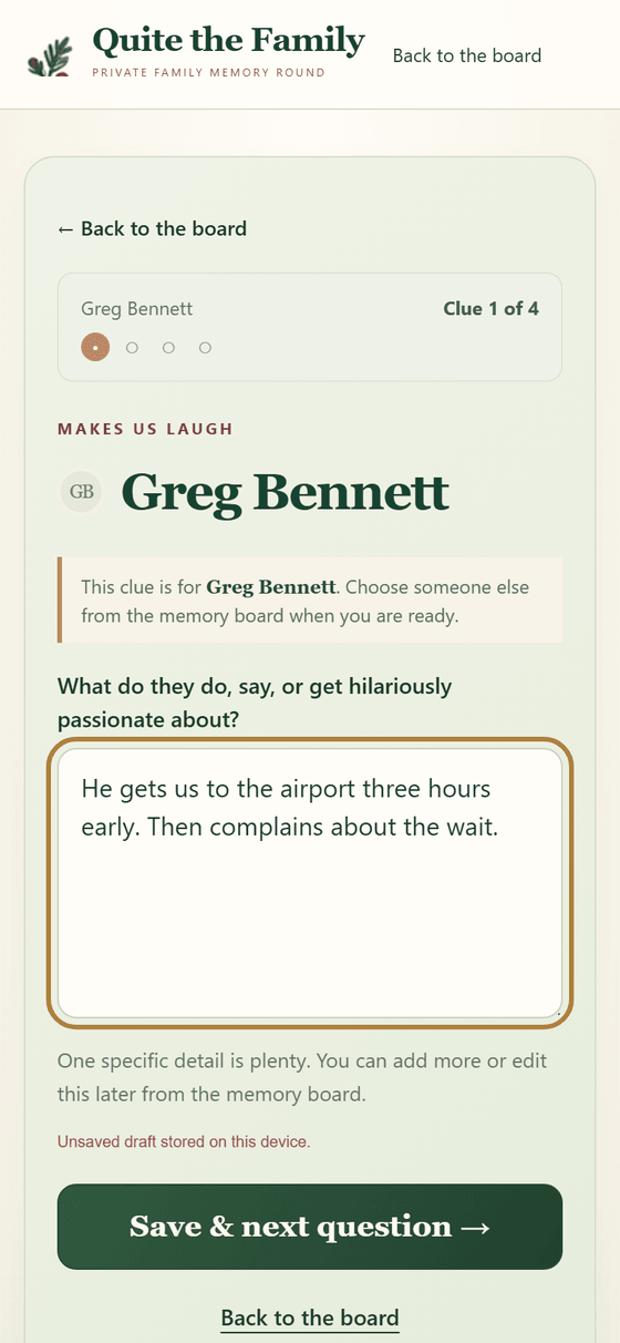 The app on a phone: a relative answering 'What do they do, say, or get hilariously passionate about?'