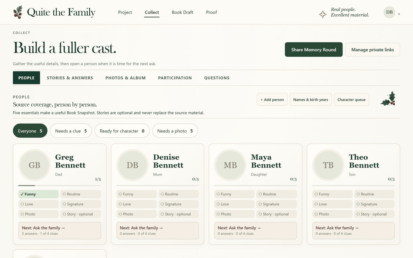 The app's Collect page: a family roster with a Share Memory Round button