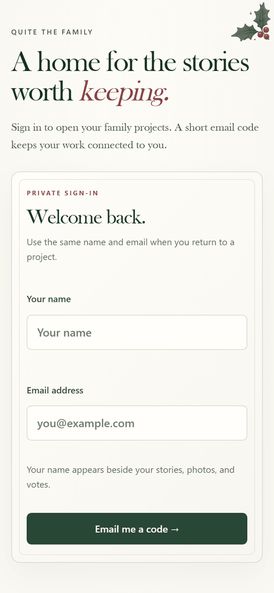 Real app capture on a phone: the sign-in screen asking for your name and email