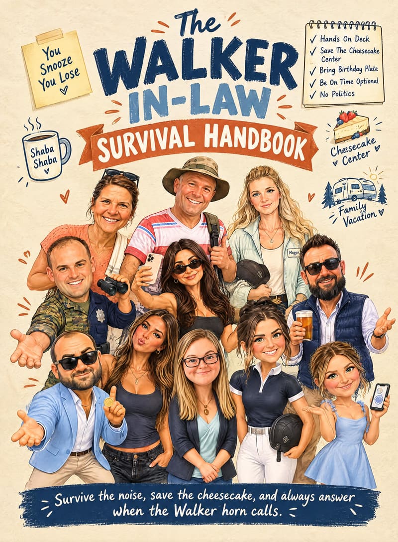 Front cover of The Walker In-Law Survival Handbook: the whole Walker family painted together under the title
