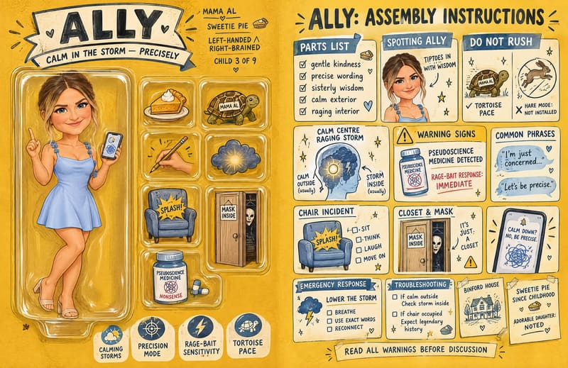 Ally's two-page spread: 'Calm in the storm, precisely' toy pack and 'Ally: assembly instructions'