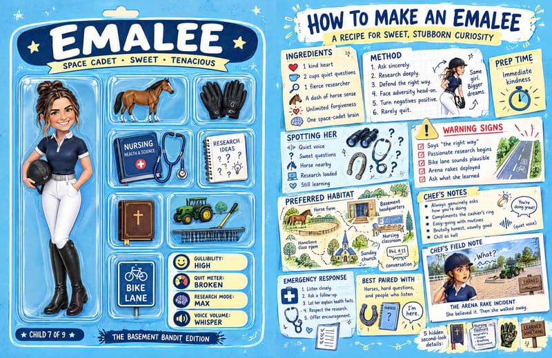 Emalee's two-page spread: the 'Basement Bandit Edition' toy pack and 'How to make an Emalee', a recipe page