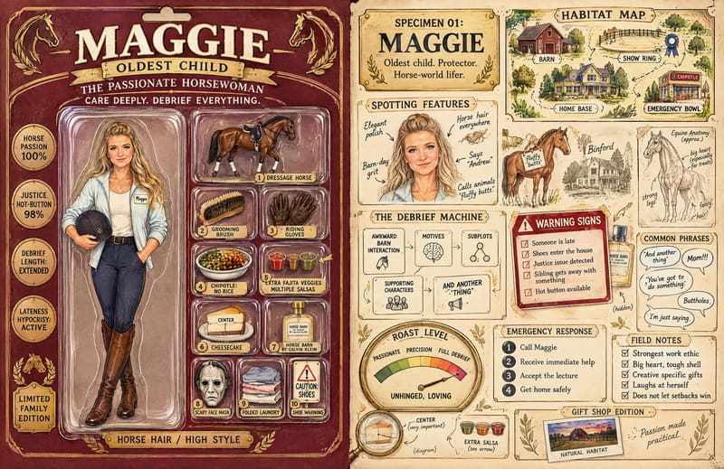 Maggie's two-page spread: 'The passionate horsewoman' toy pack and a specimen page with a habitat map and warning signs