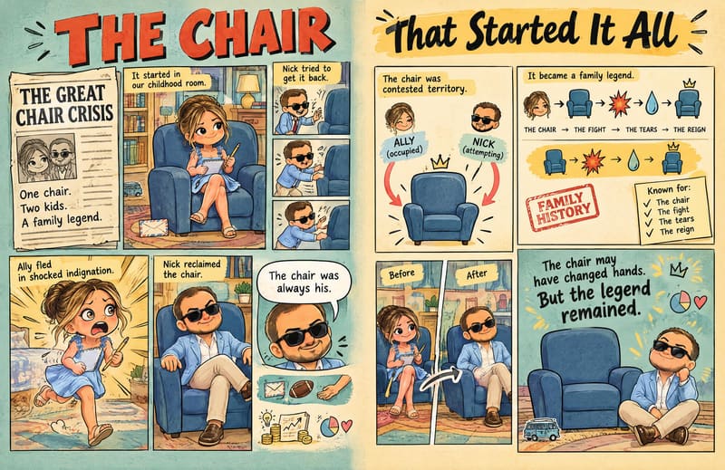 Story pages: 'The Chair That Started It All', a comic about Ally and Nick's fight over one armchair