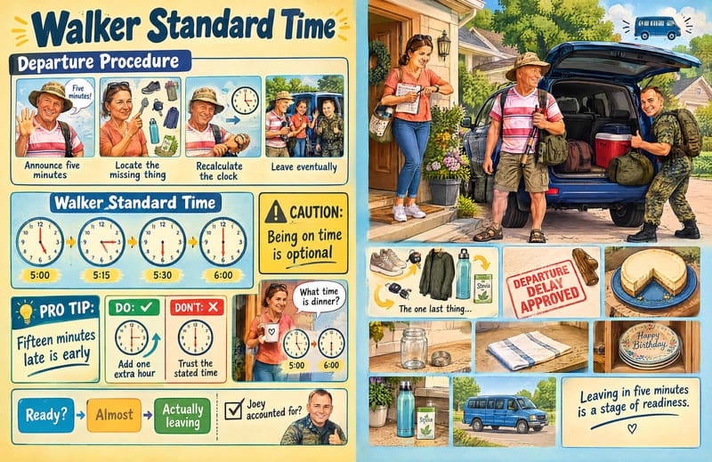 Story pages: 'Walker Standard Time', a four-step departure procedure and a van being packed